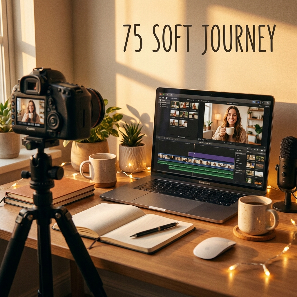 YouTube creator desk setup with editing software showing 75 Soft vlog