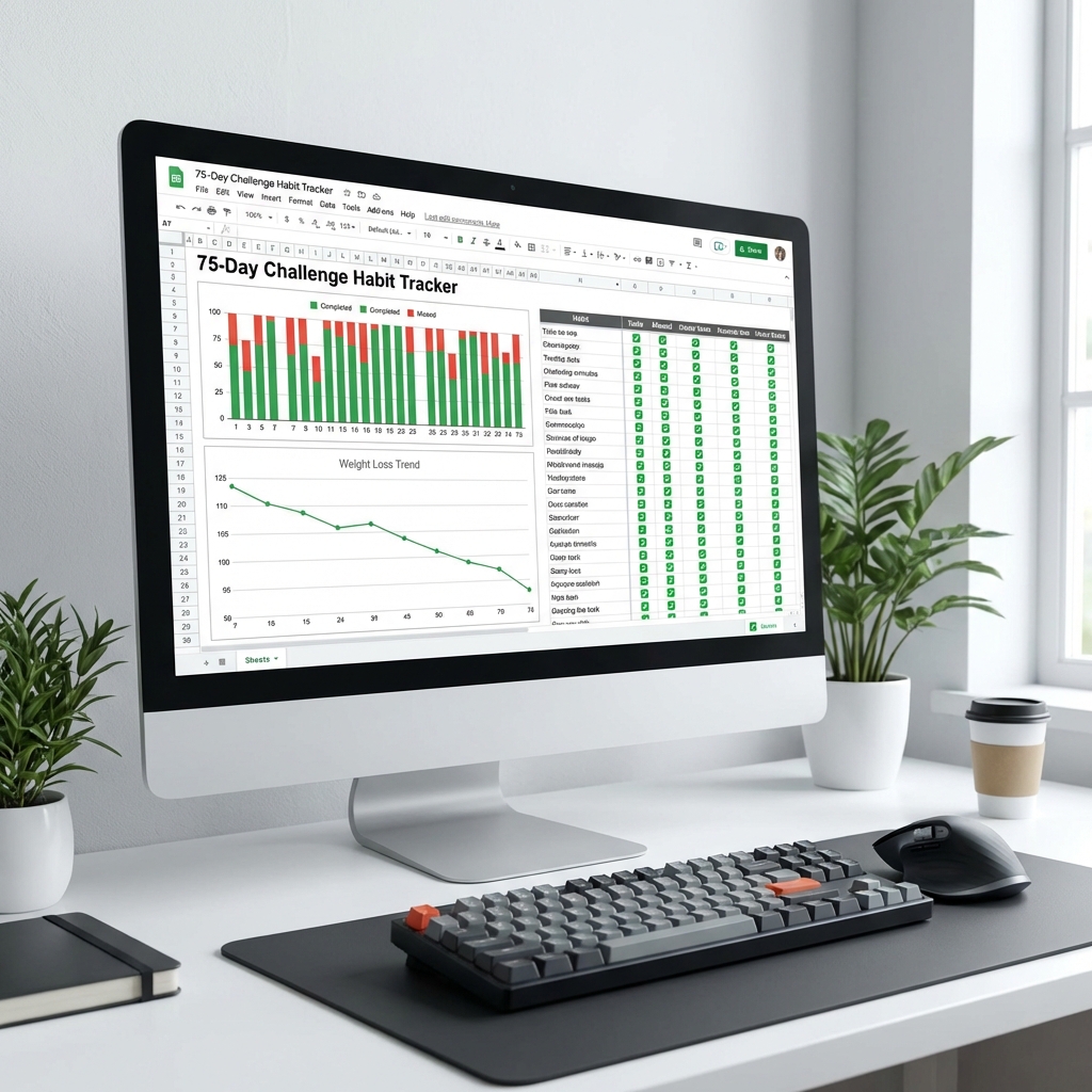 Computer screen showing 75 Soft Google Sheets tracker with charts and progress data