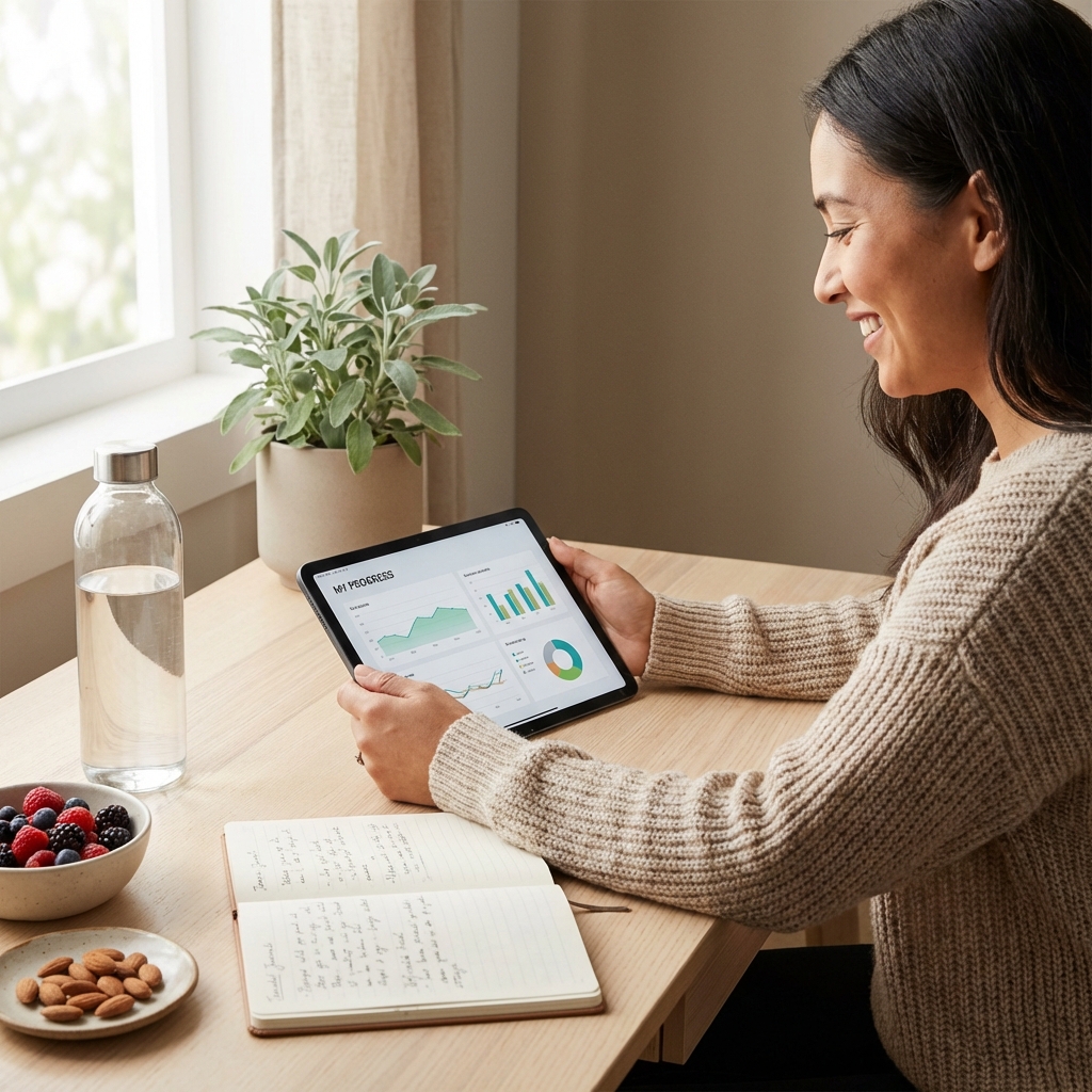 Person reviewing their 75 Soft progress data on a tablet